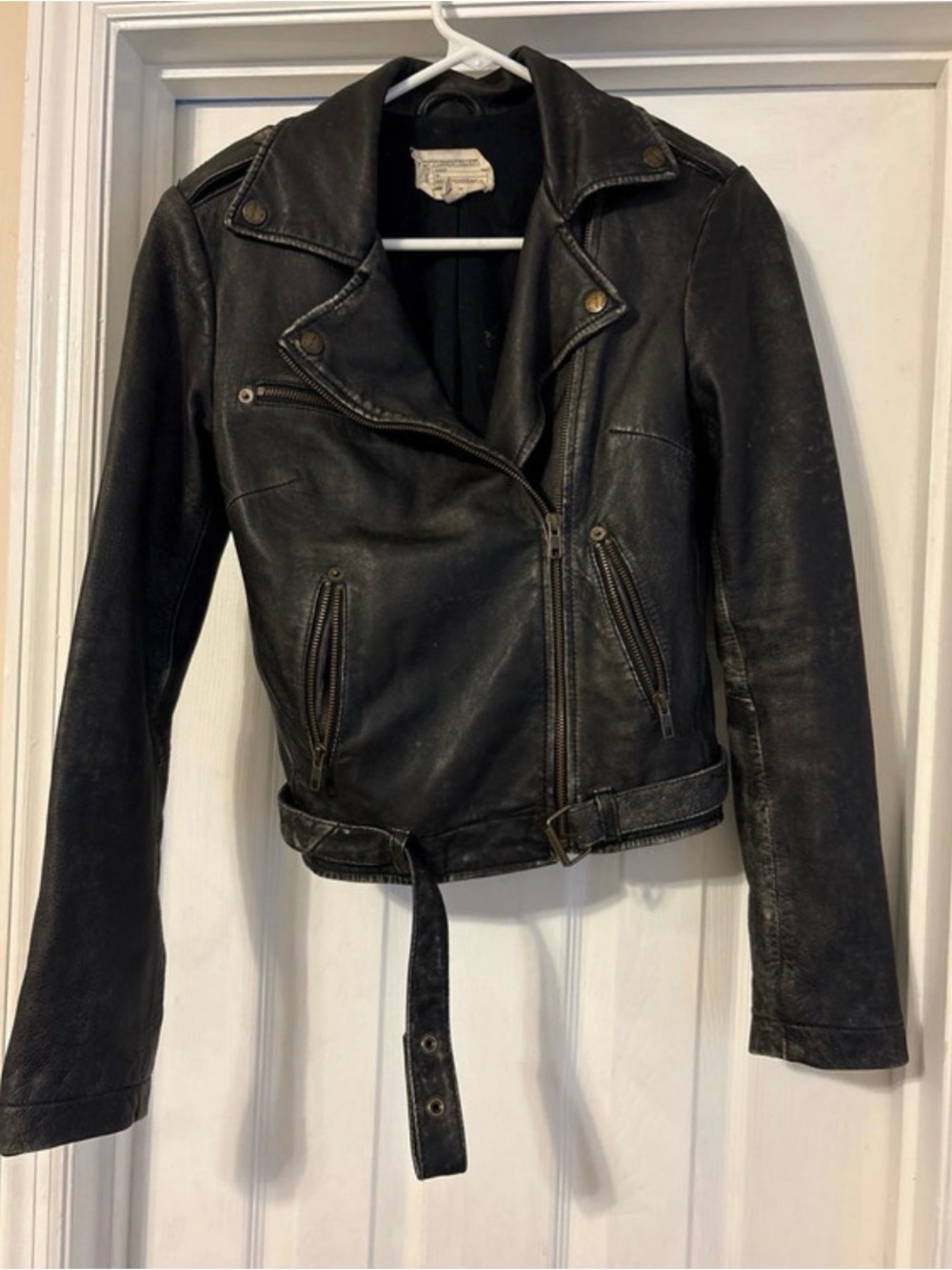 Current/Elliott Black Leather Moto Jacket with Belt